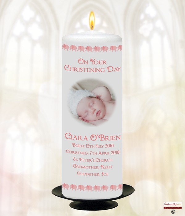 Elephant Family Pink Photo Christening Candle