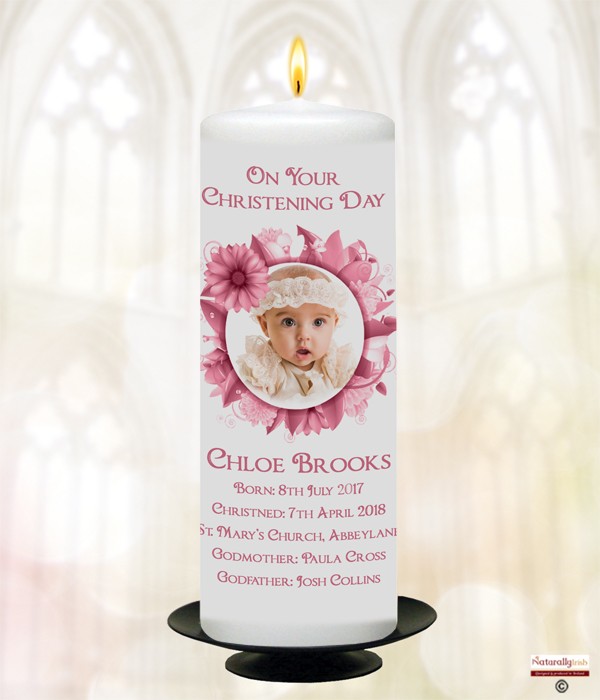 Flower Ring Pink Photo Christening Candle