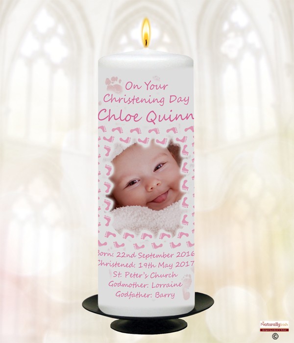 Feet Border Pink Photo Christening Candle