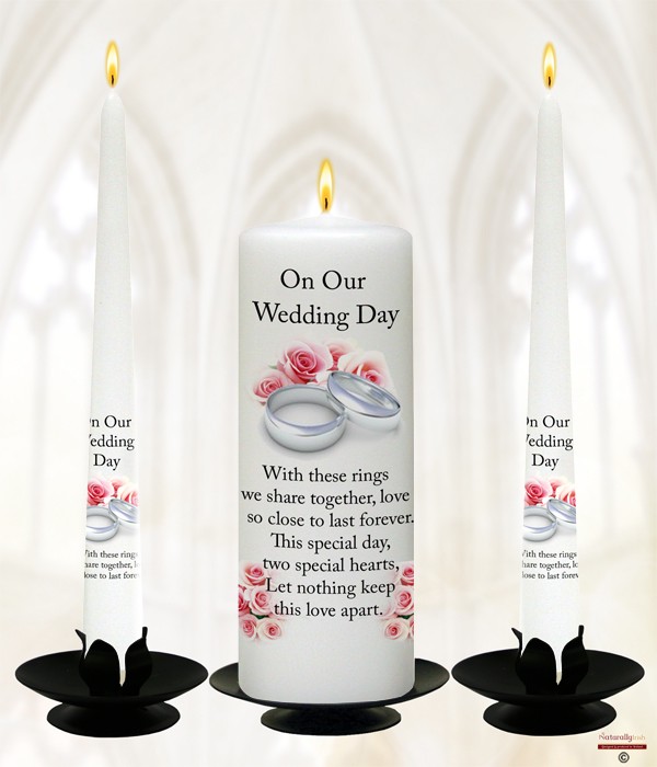 Silver Rings & Pink Roses Wedding Candles