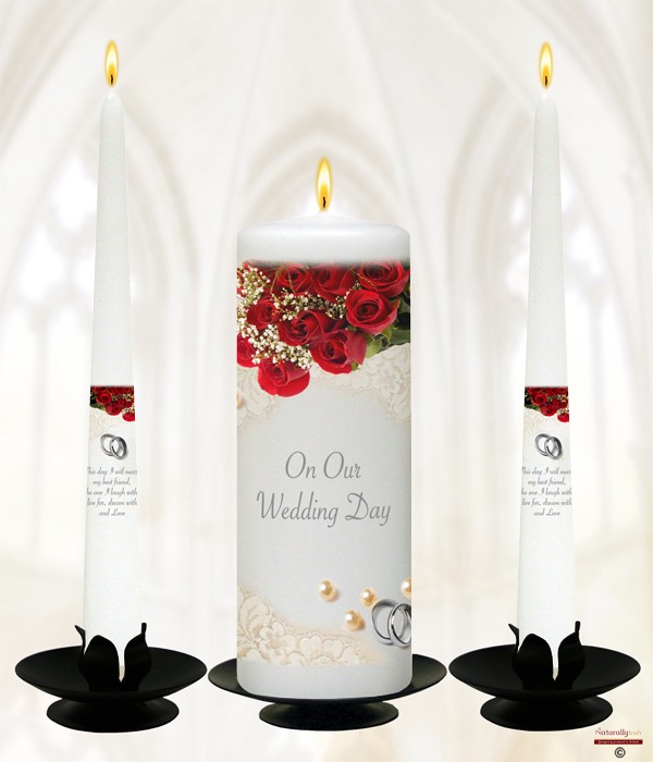 Pearl, Rings & Red Roses Silver Weding Candles