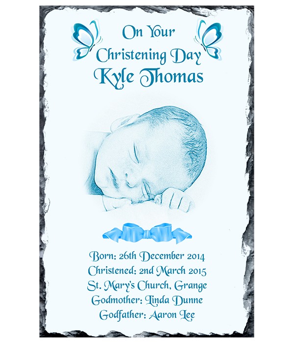 Baby Photo, Butterfly and Bow Christening Slate