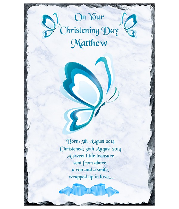 Butterfly and Bow Blue Boy Christening Slate