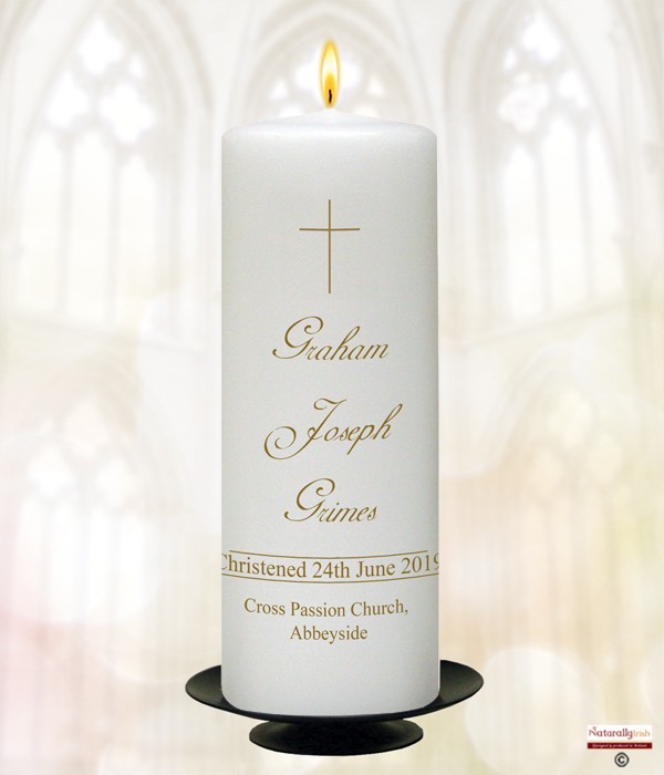 Gold Thin Cross & Script Christening Candle