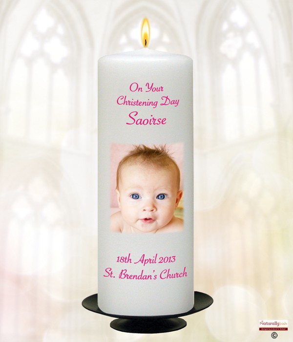 Cross & Fish & Photo Pink Christening Candle