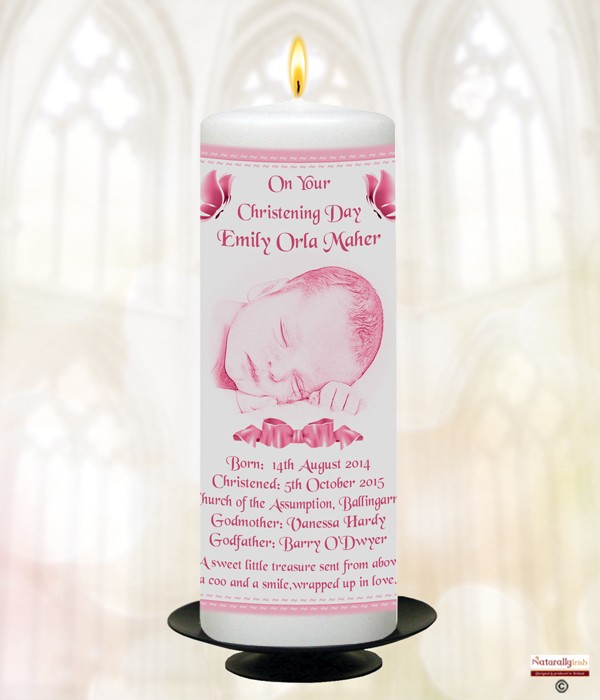Baby Photo, Butterfly and Bow Pink  Christening Candle