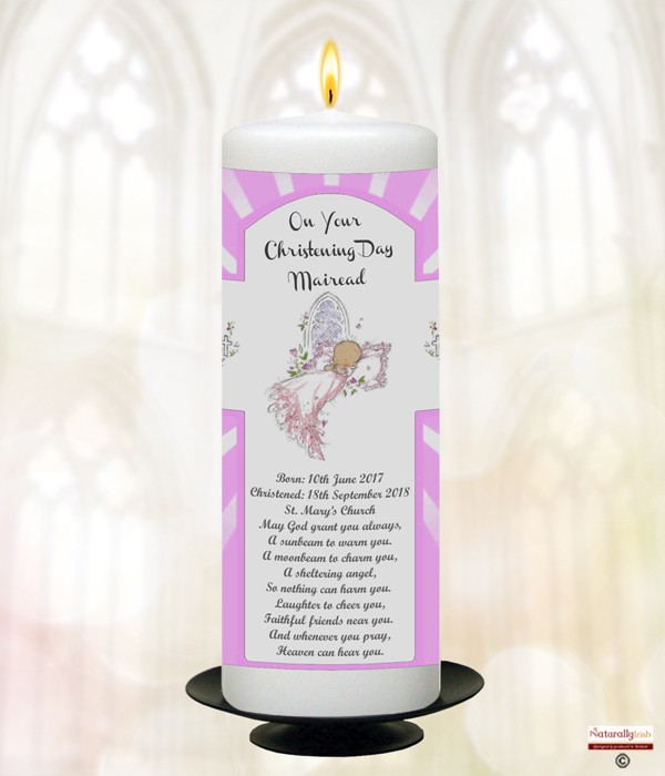 Church Window & Cross Pink Christening Candle