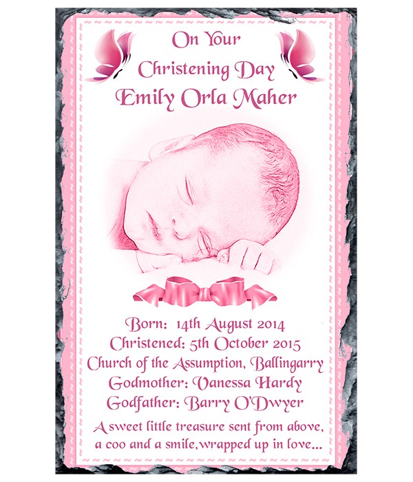 Baby Photo, Butterfly and Bow Pink Christening Slate