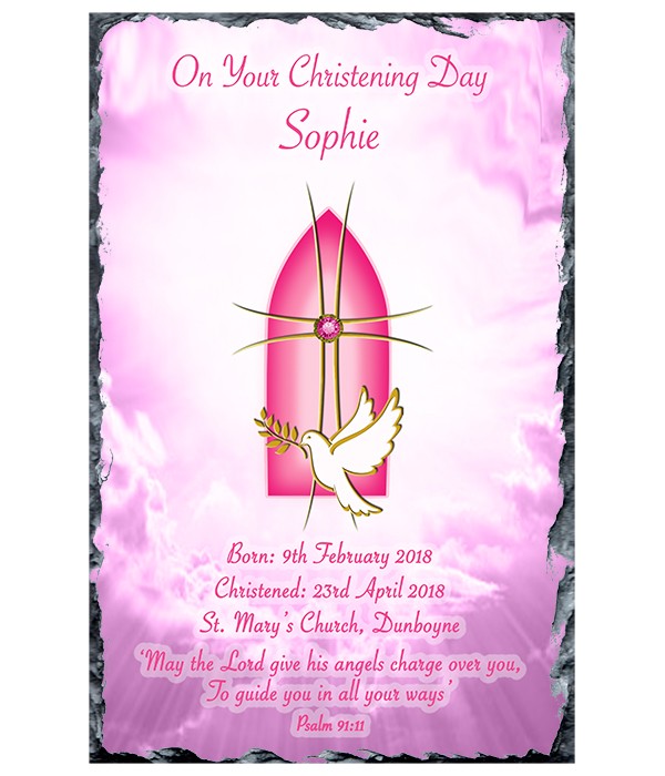 Church Window, Dove & Cross Pink Christening Slate