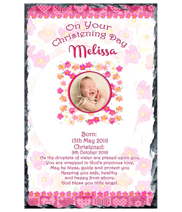 Baby & Rattle Photo Pink Christening Slate