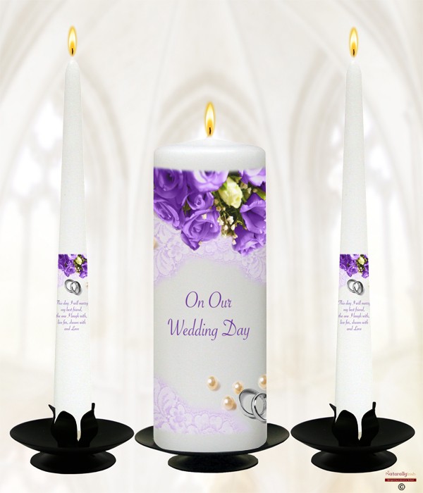 Pearl, Rings & Dark Purple Roses Silver Wedding Candles