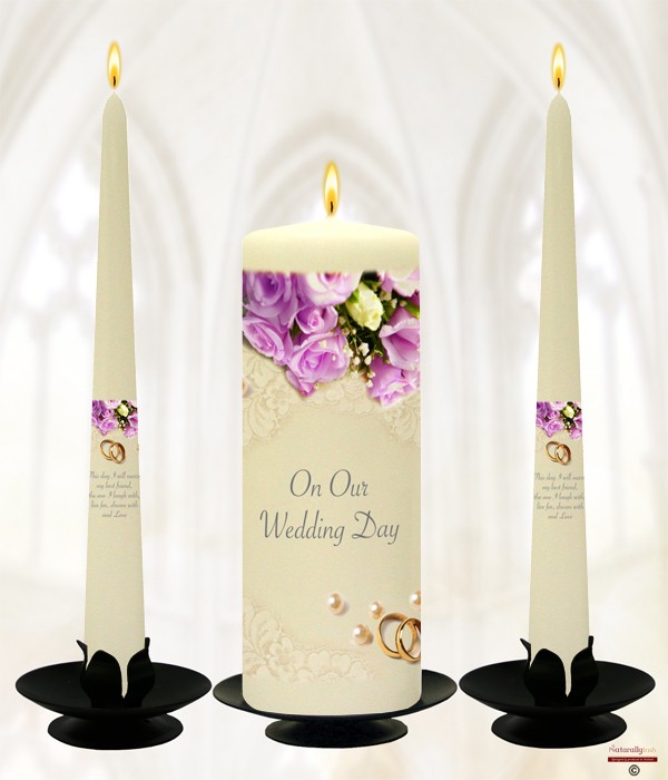 Pearl, Rings & Lilac Roses Gold Wedding Candles