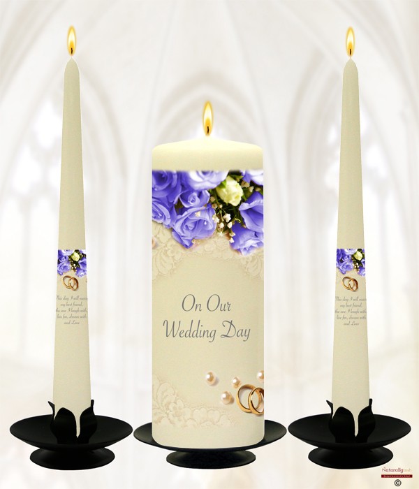 Pearl, Rings & Pale Blue Roses Gold Wedding Candles