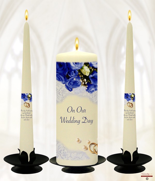 Pearl, Rings & Navy Roses Gold Wedding Candles