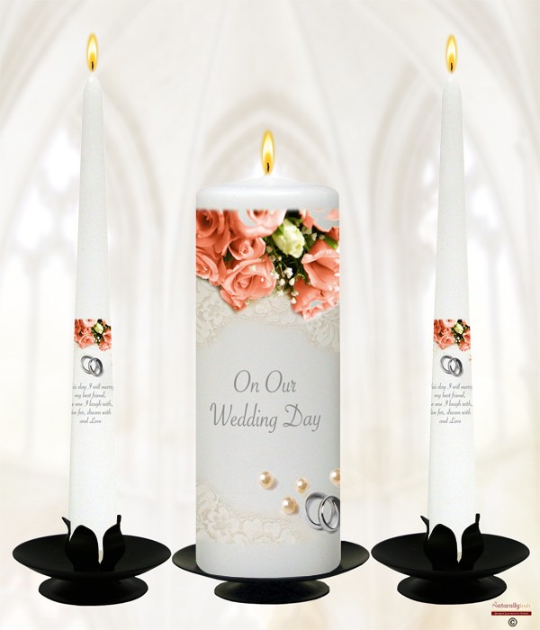Pearl, Rings & Coral Roses Silver Wedding Candles