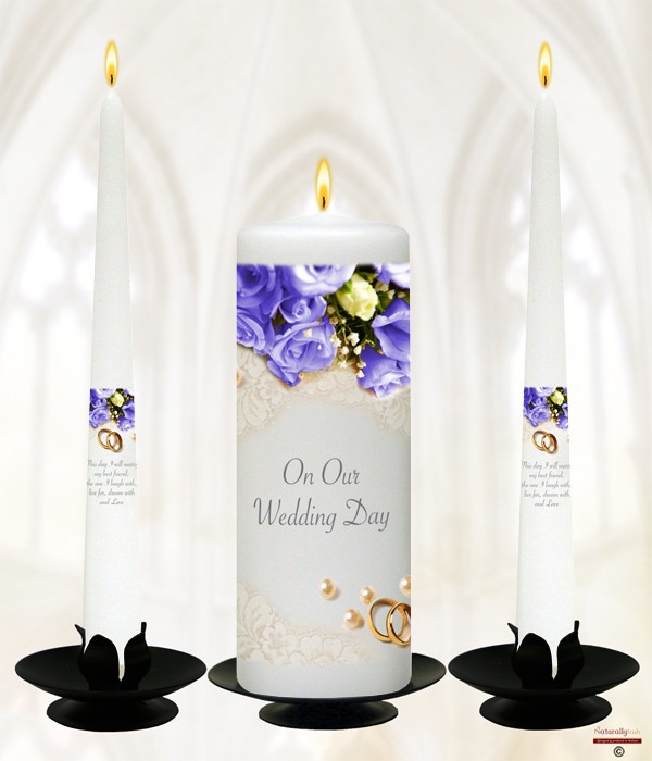 Pearl, Rings & Pale Blue Roses Gold Wedding Candles
