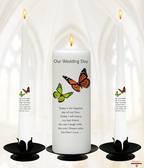 Butterflies Orange & Green Silver Wedding Candles