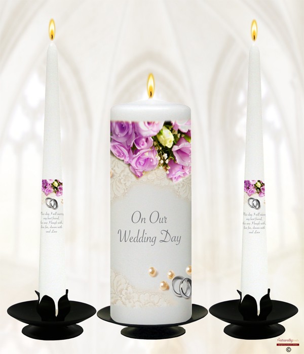 Pearl, Rings & Lilac Roses Silver Wedding Candles