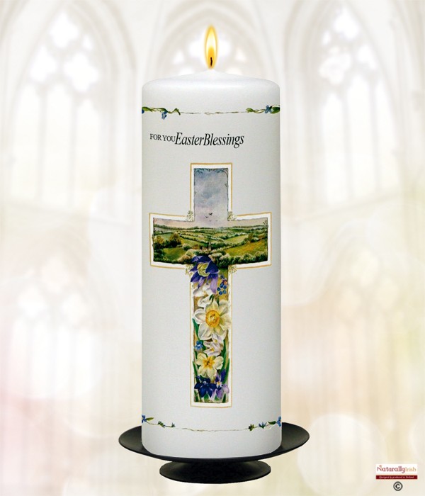 Cross & Flower Easter Candle (White) 9 inch