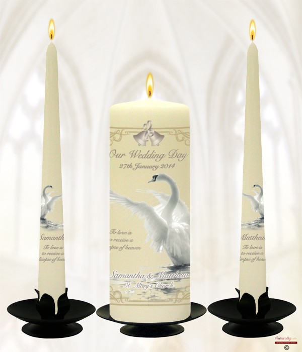 Swan - Gold script Wedding Candles