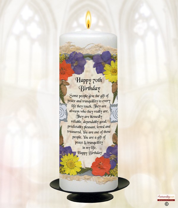 Naturally Irish Happy 70th Birthday Floral Candle White 9 Inch 1154 Naturally Irish