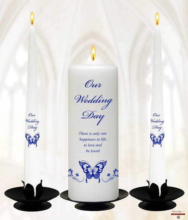 Magestic Blue Butterfly Wedding Candle Set