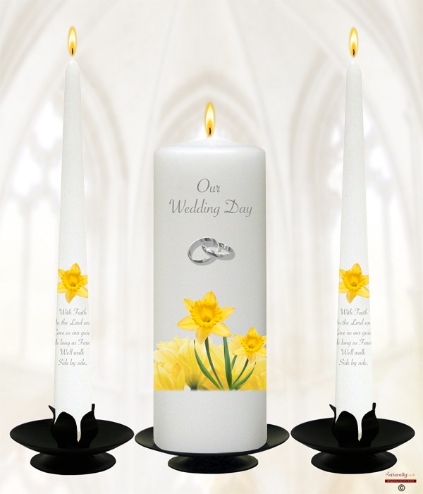 Daffodil & Silver Rings Wedding Candle Set
