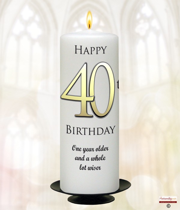 40th Birthday Delight Gold 9inch Candle (White/Ivory)