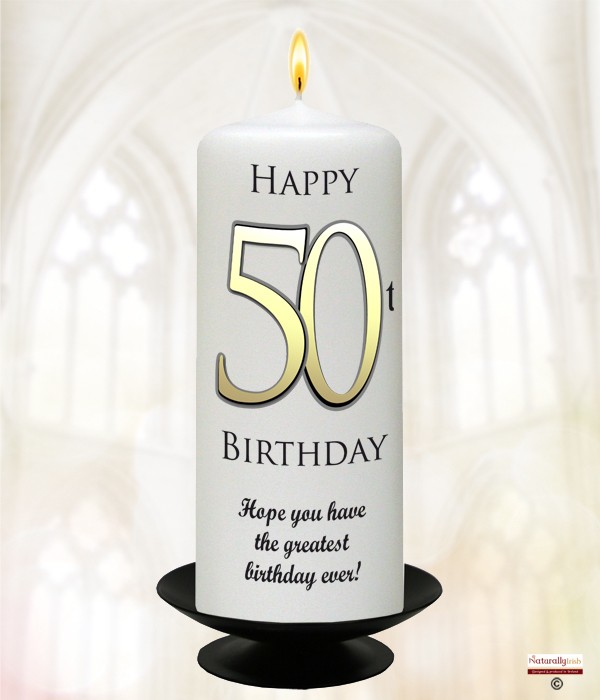 50th Birthday Delight Gold 6inch Candle (White/Ivory)