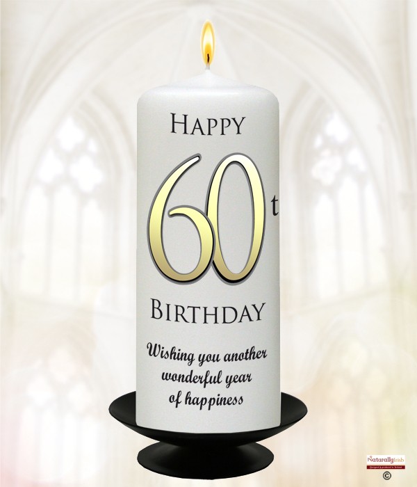60th Birthday Delight Gold 6inch Candle (White/Ivory)