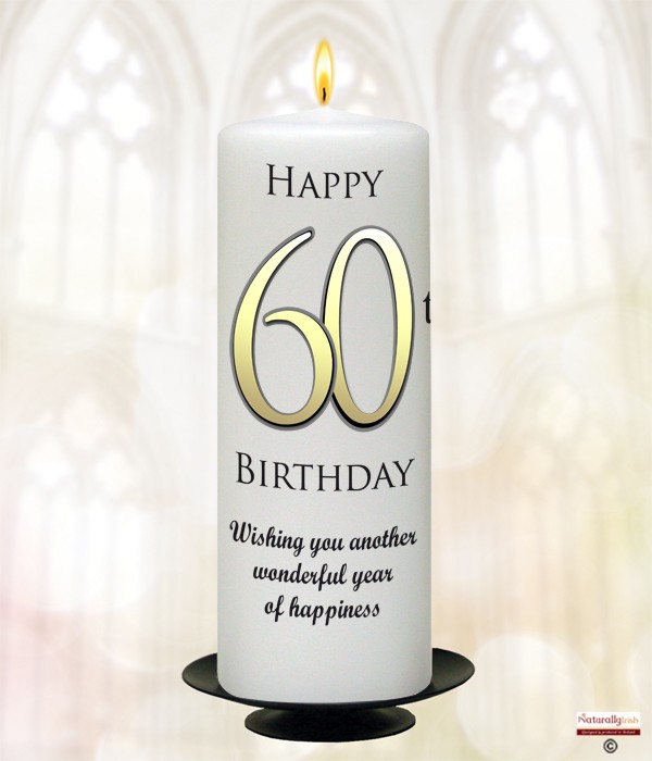 60th Birthday Delight Gold 9inch Candle (White/Ivory)
