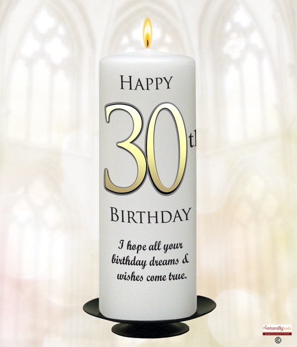 30th Birthday Delight Gold 9inch Candle (White/Ivory)