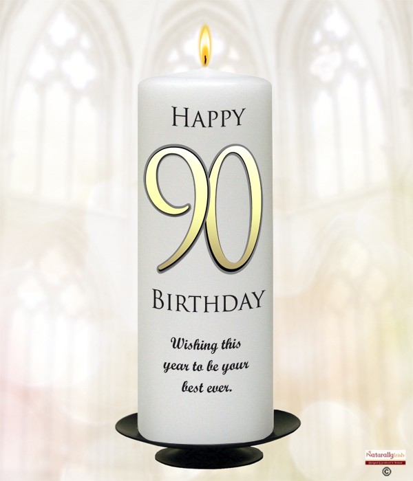 90th Birthday Delight Gold 9inch Candle (White/Ivory)